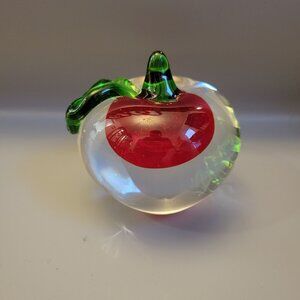 Handcrafted Glass Apple Paperweight With Green Leaf Design